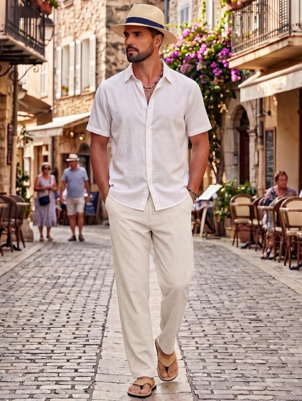 ISEEGZ Men's 2XL Beige Linen Blend Drawstring Pants Straight Leg NWT 38x30